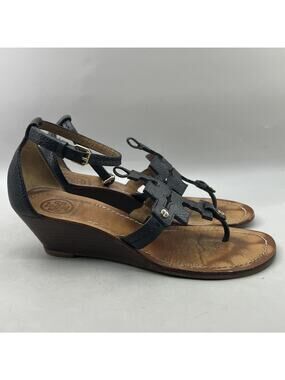 Tory Burch Chandler Wedge Sandals Women Size 8 M Black Logo Heel Thong Shoes